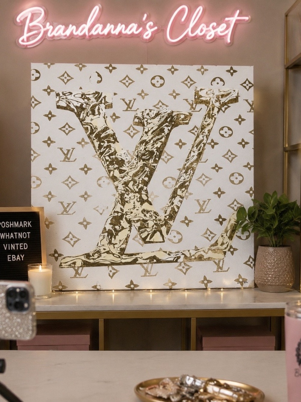 Oliver Gal Gold Glitter LV Monogram Canvas Wall Art 30x30